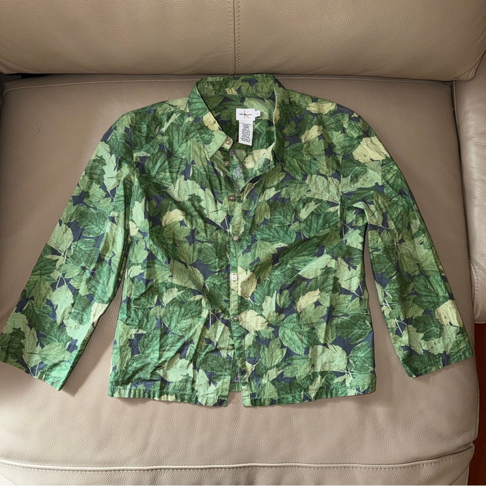 CALVIN KLEIN GREEN LEAVES LONGSLEEVE BUTTON UP TOP SHIRT BLOUSE szWomen M cotton